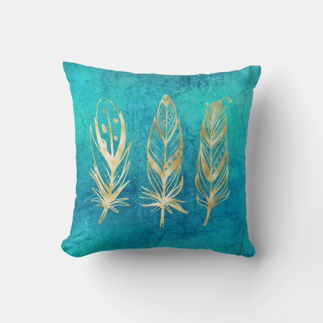 Turquoise Blue and Gold Feathers Cushion (Front)