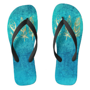 Turquoise Blue and Gold Feathers Jandals