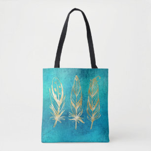 Turquoise Blue and Gold Feathers Tote Bag