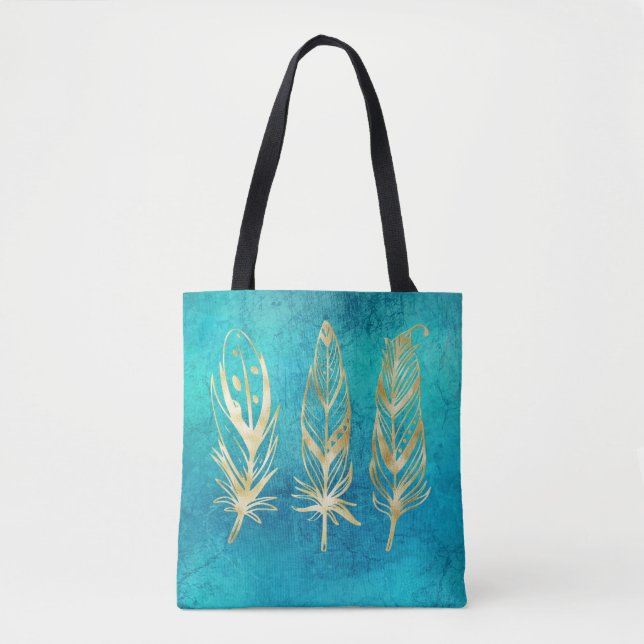 Turquoise Blue and Gold Feathers Tote Bag (Front)