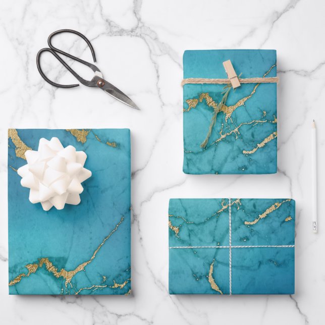 Turquoise Blue and Gold Marble Look Wrapping Paper Sheet (Front)