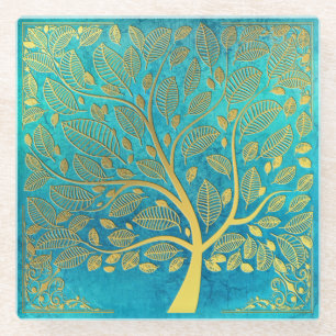 Turquoise Blue and Gold Tree Of Life  Glass Coaster