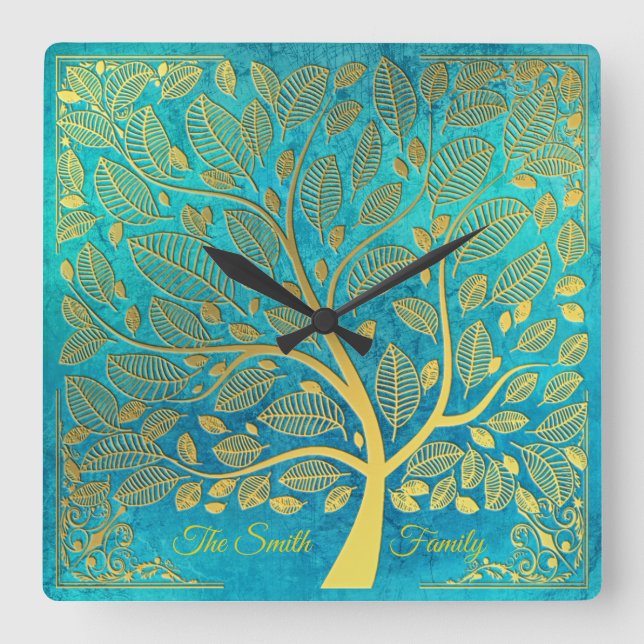 Turquoise Blue and Gold Tree Of Life *Personalise* Square Wall Clock (Front)