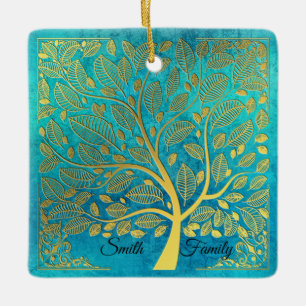 Turquoise Blue and Gold Tree *personalise* Ceramic Ornament