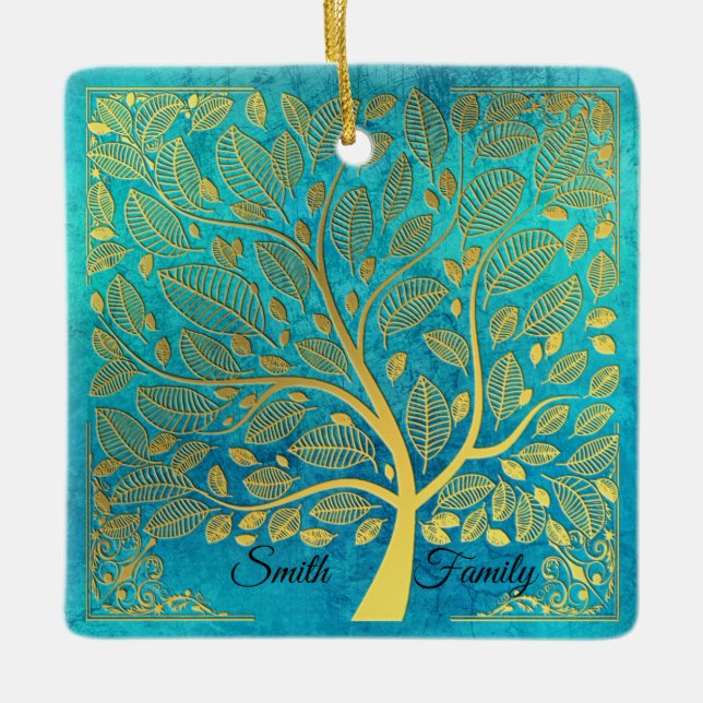 Turquoise Blue and Gold Tree *personalise* Ceramic Ornament (Front)