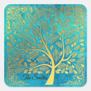Turquoise Blue and Gold Tree *Personalise* Square Sticker