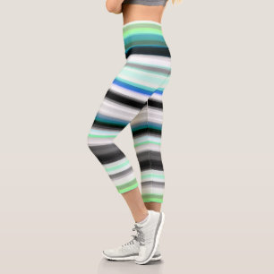 Turquoise, blue and Grey Abstract Stripes Capri Leggings