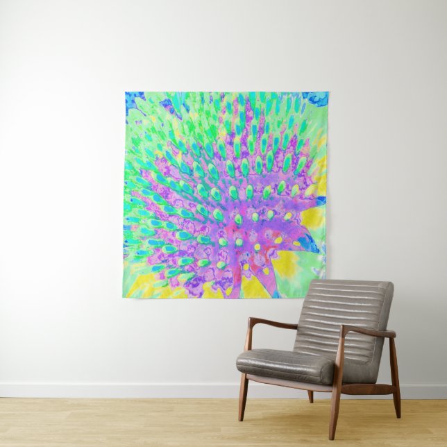 Turquoise Blue and Purple Abstract Coneflower Tapestry (In Situ)