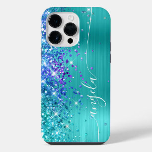 Turquoise Blue and Purple Glittery Glam Signature iPhone 14 Pro Max Case