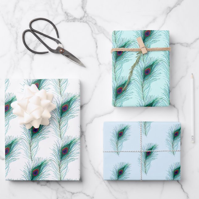 Turquoise, Blue and Purple Peacock Feathers Wrapping Paper Sheet (Front)