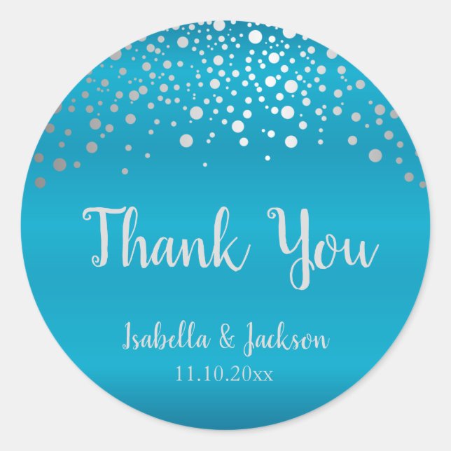 Turquoise Blue and Silver Confetti Dots Classic Round Sticker (Front)