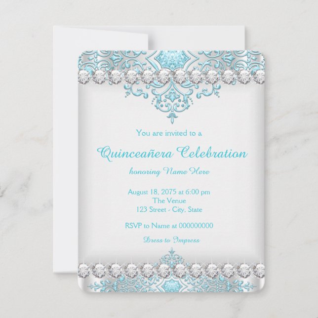Turquoise Blue and Silver Diamond Quinceañera Invitation (Front)