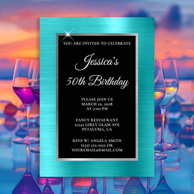 Turquoise Blue and Silver Foil Black 50th Birthday Invitation (Turquoise Blue and Silver Foil Black 50th Birthday Invitation)