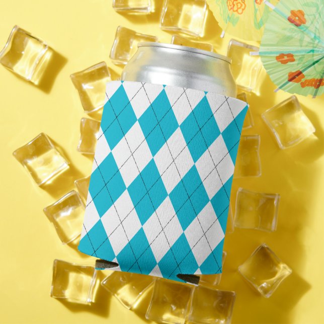 Turquoise Blue and White Argyle Pattern Can Cooler (In Situ Summer)