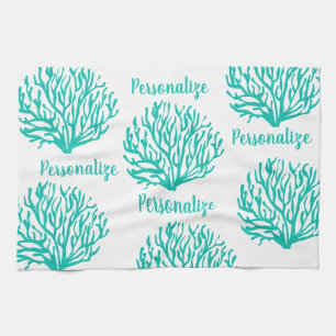 Turquoise blue and white coral reef ocean life tea towel
