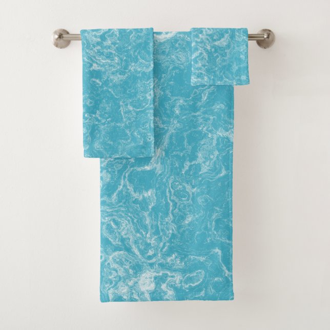Turquoise blue and white Marble abstract Bath Towel Set (Insitu)