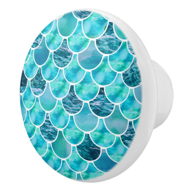 Turquoise blue and white mermaid scales ceramic knob (Right)