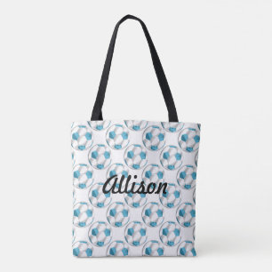 Turquoise Blue and White Soccer Balls with Name Tote Bag