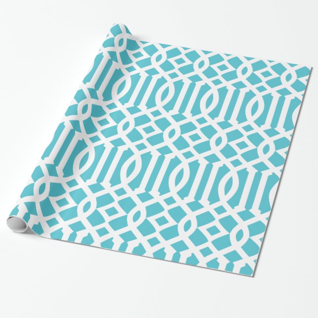 Turquoise Blue and White Trellis Pattern Wrapping Paper (Unrolled)