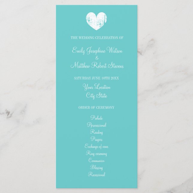 Turquoise blue and white wedding ceremony program programme (Front)