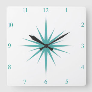 Turquoise Blue Atomic Starburst Numbers Midcentury Square Wall Clock