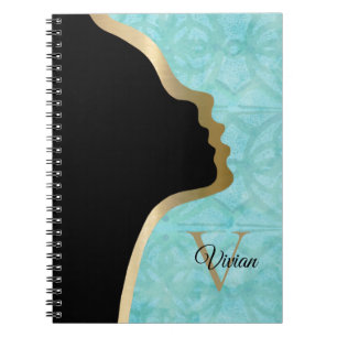 Turquoise Blue Batik Black And Gold Face Name Notebook