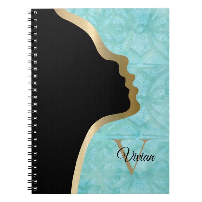 Turquoise Blue Batik Black And Gold Face Name Notebook (Front)
