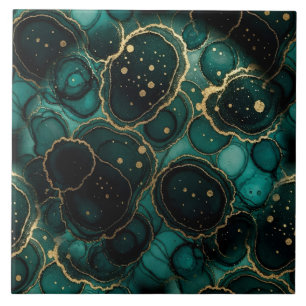 Turquoise Blue, Black and Gold Alcohol Ink Tile