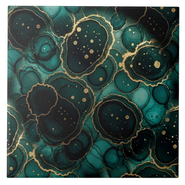 Turquoise Blue, Black and Gold Alcohol Ink Tile (Front)