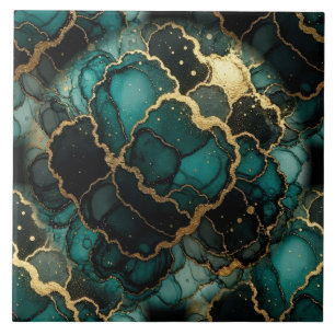 Turquoise Blue, Black and Gold Alcohol Ink Tile