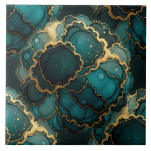 Turquoise Blue, Black and Gold Alcohol Ink Tile