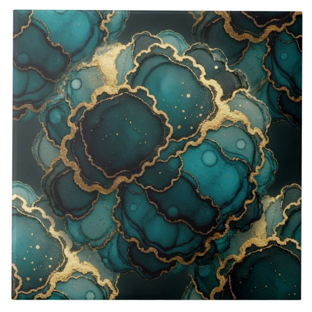 Turquoise Blue, Black and Gold Alcohol Ink Tile (Front)
