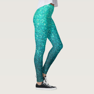 Turquoise Blue Black Glitter Ombre Sparkles Yoga Leggings