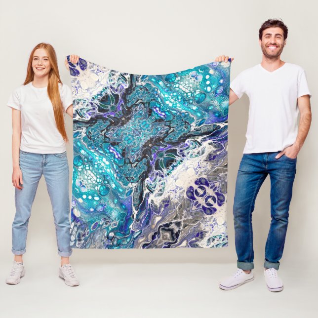 Turquoise Blue Black White Abstract Paint Cells Fleece Blanket (In Situ)
