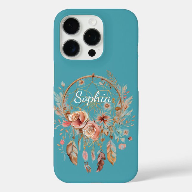 Turquoise Blue Boho Floral Feathers Dream Catcher Case-Mate iPhone Case (Back)