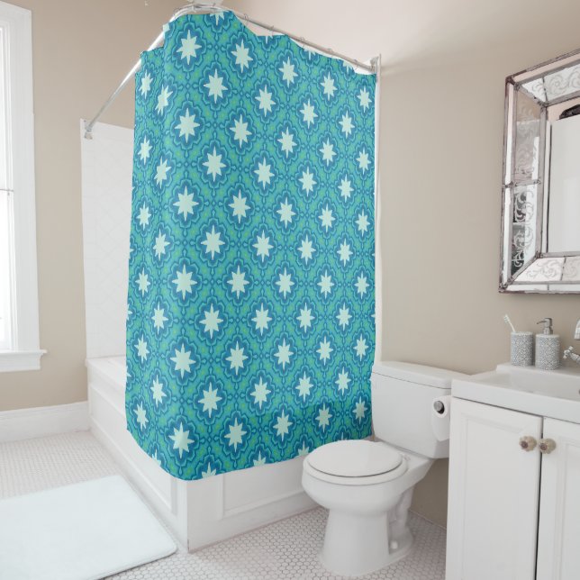 Turquoise Blue Boho Star Geometric Pattern Shower Curtain (In Situ)