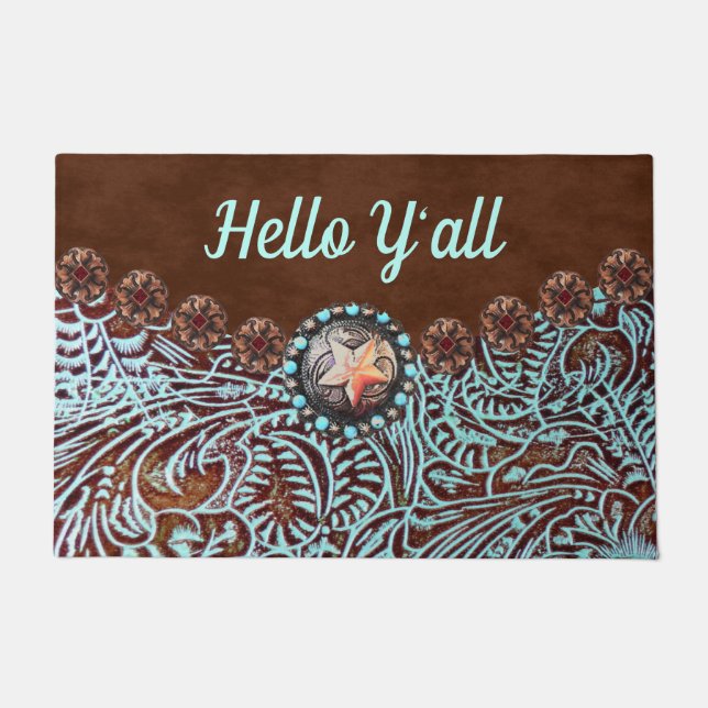 turquoise blue brown western cowboy hello y'all doormat (Front)
