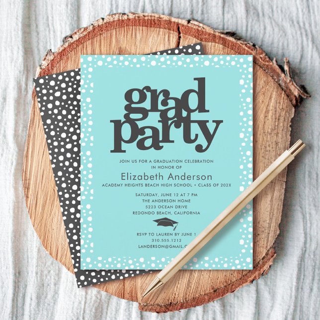 Turquoise blue budget grad cap bold party invite (Creator Uploaded)