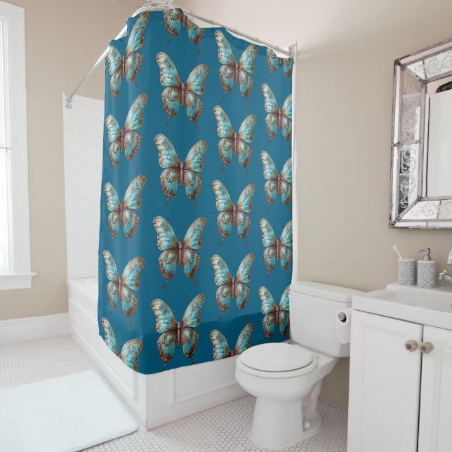 Turquoise Blue Butterflies Shower Curtain (In Situ)