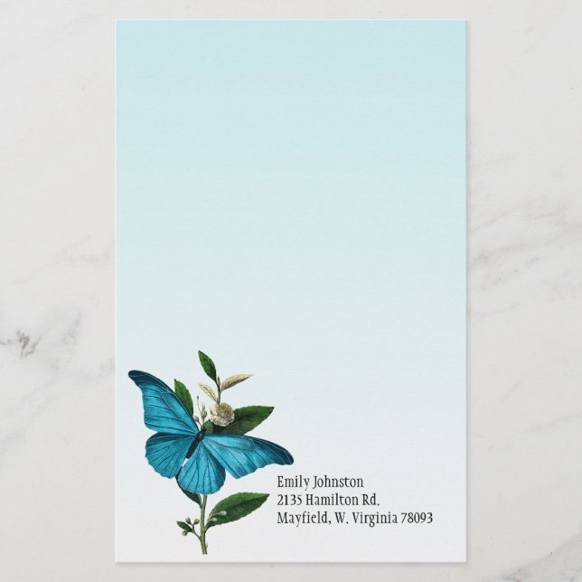 Turquoise Blue Butterfly Ombre Custom Stationery (Front)