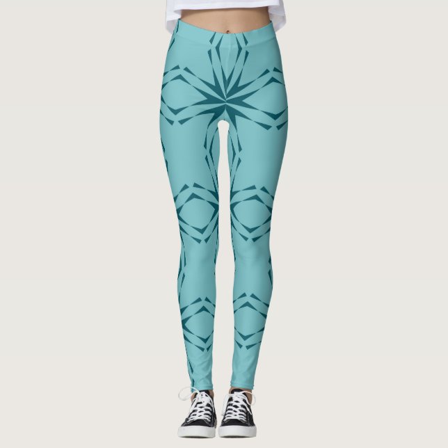 Turquoise blue, cool, trendy flower abstraction leggings (Front)
