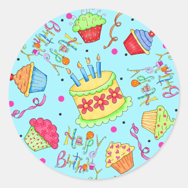 Turquoise Blue Cupcakes and Cake Happy Birthday Classic Round Sticker (Front)