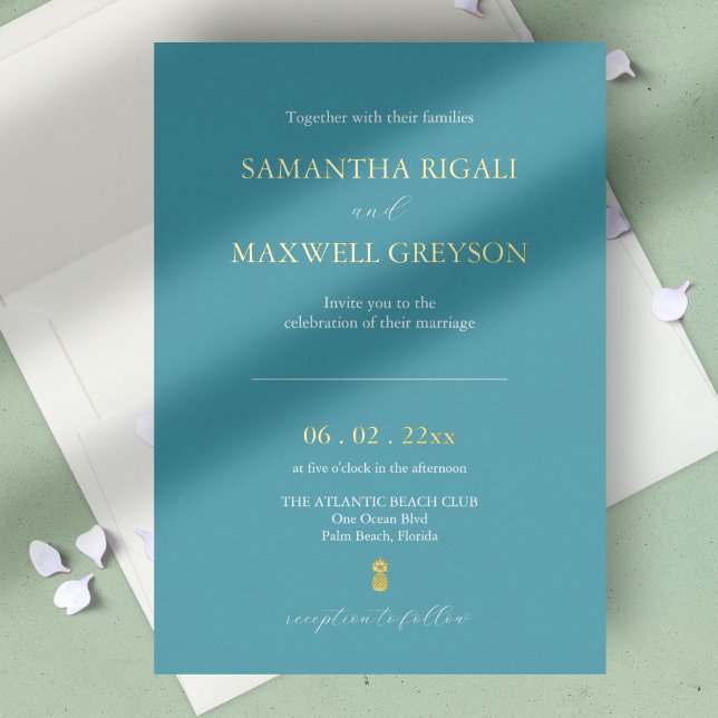 Turquoise Blue Designer Wedding Invitations (wedding invitation vibrant pink and gold foil minimalistic design. )