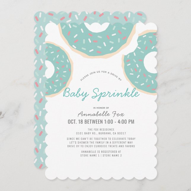 Turquoise Blue Doughnut Drive-by Baby Sprinkle Sho Invitation (Front/Back)