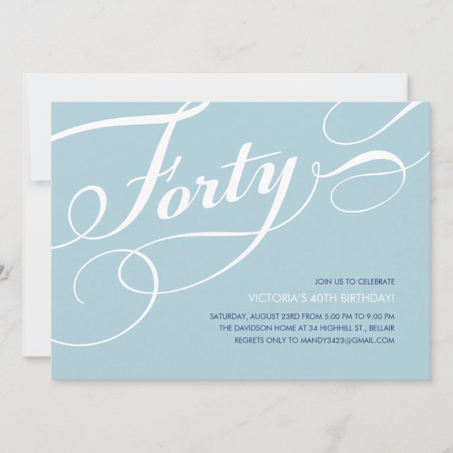 Turquoise Blue Elegant 40th Birthday Invitations (Front)