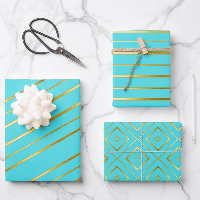 Turquoise Blue Elegant Gold-Striped  Wrapping Paper Sheet (Front)