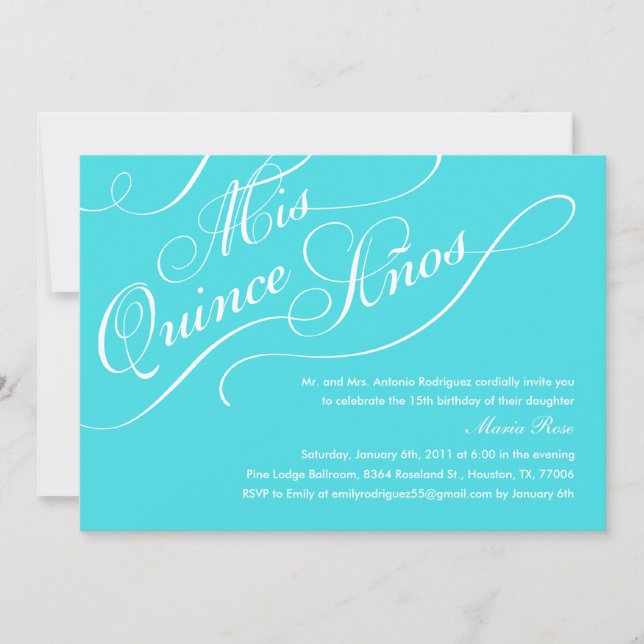 Turquoise Blue Elegant Quinceanera Invitations (Front)