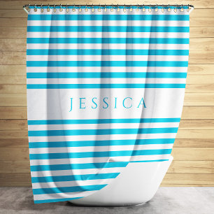 Turquoise Blue Farmhouse Striped Pattern Shower Curtain