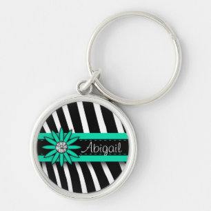 Turquoise Blue Floral Gem & Zebra Pattern Key Ring