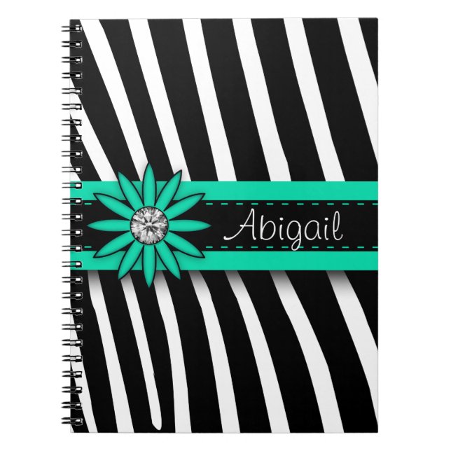 Turquoise Blue Floral Gem & Zebra Pattern Spiral Notebook (Front)